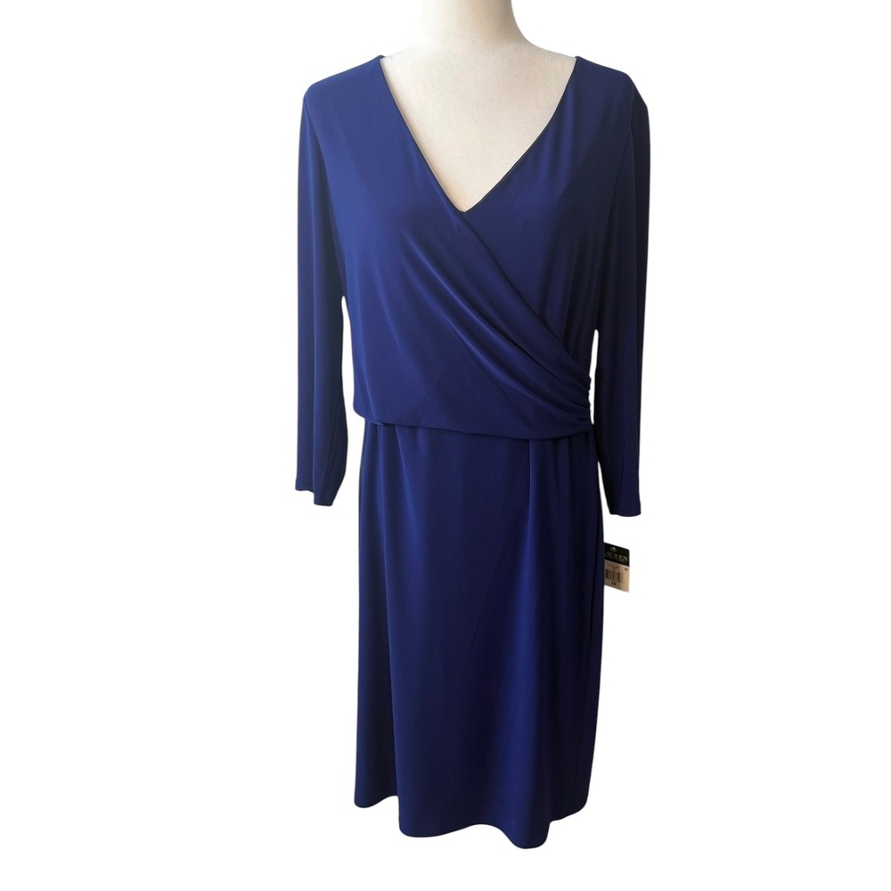 Lauren Ralph Lauren Blue Faux Wrap Dress Jersey Sheath Size 16 NWT - Picture 2 of 9